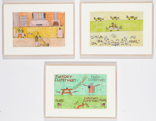 David Olson (American, 20th c.) 3 double-sided crayon drawings on paper