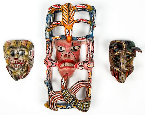 3 Vintage Mexican, 20th c. Festival Masks