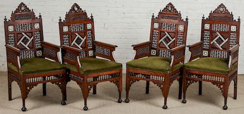 Set of 4 Syrian Wood and Inlay Armchairs, Early 20th C