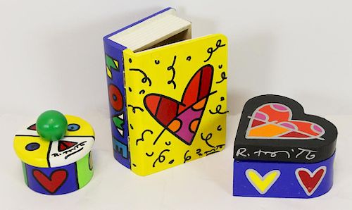 BRITTO, Romero. Three (3) Hand Painted Wood Boxes.