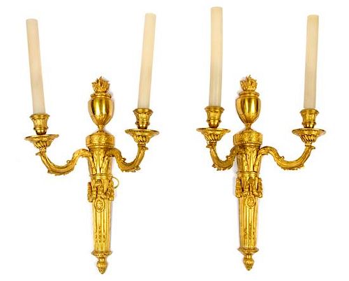 A Pair of Louis XVI Style Gilt Bronze Two-Light Sconces Height 19 inches.