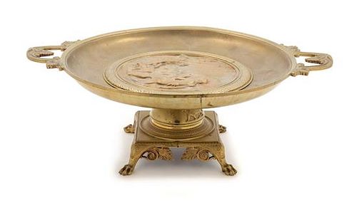 * A Neoclassical Gilt Bronze Tazza Height 6 3/4 x width 18 1/2 inches.