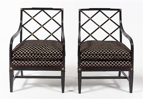 A Pair of Regency Style Armchairs Height 37 1/4 x width 26 1/4 x depth 20 1/4 inches.