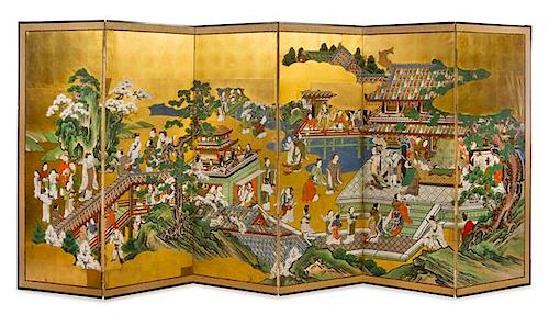 * A Chinese Painted Paper Six-Panel Screen Height 71 1/2 x width of each panel 25 3/8 inches.