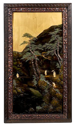 * A Pair of Chinese Lacquered and Painted Panels Height 48 x width 27 1/2 inches.