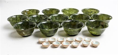 A Group of Thirteen Hardstone Bowls Height of first 2 x diameter 4 inches.