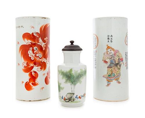 Three Chinese Polychrome Enameled Porcelain Articles Height of tallest 11 inches.