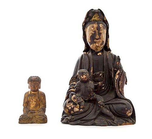 Two Chinese Gilt Lacquered Wood Figures Height of taller 12 1/4 inches.