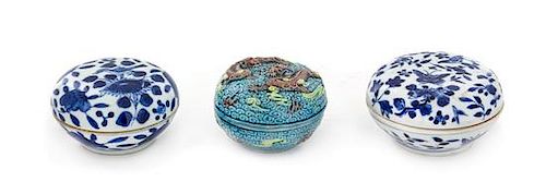 Three Chinese Porcelain Seal Paste Boxes Diameter of largest 3 1/4 inches.