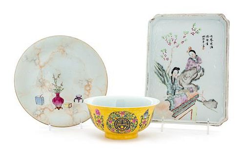 Three Chinese Famille Rose Porcelain Articles Length of largest 9 1/4 inches.