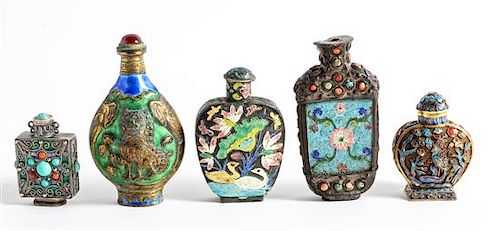 Five Chinese Enamel on Metal Snuff Bottles Height 3 5/8 inches.