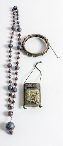 Three Chinese Enamel on Metal Articles Length of bracelet 15 inches.