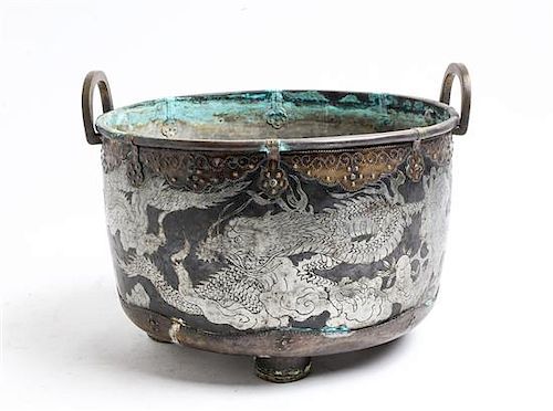 A Chinese Silver Inlaid Bronze Vessel Height over handles 8 x width 10 5/8 inches.