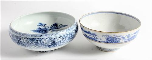 * Two Blue and White Porcelain Bowls Diameter of larger 9 inches.