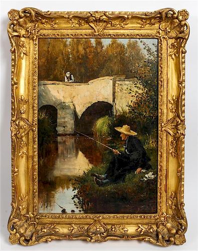 Etienne Prosper Berne-Bellecour, (French, 1838-1910), Fishing by Bridge, 1876
