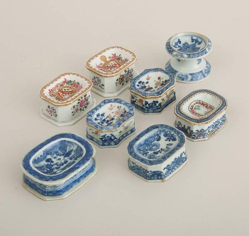 PAIR OF FAMILLE ROSE PORCELAIN TRENCHER SALTS, THREE BLUE AND WHITE SALTS AND THREE SAMSON FAMILLE ROSE SALTS