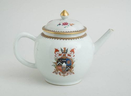 CHINESE EXPORT PORCELAIN FAMILLE ROSE ARMORIAL TEAPOT AND COVER