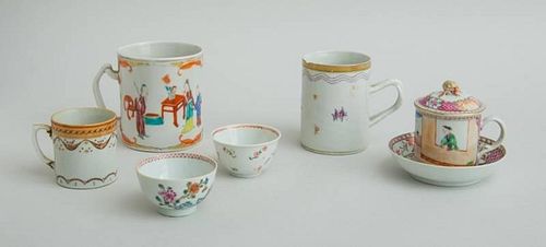 ASSEMBLED CHINESE EXPORT PORCELAIN MANDARIN PALETTE CUP, COVER AND STAND, THREE MUGS AND TWO TEA BOWLS