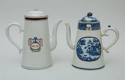 TWO CHINESE EXPORT PORCELAIN LIGHTHOUSE-FORM COFFEE POTS AND COVERS