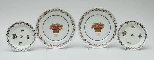 PAIR OF CHINESE EXPORT PORCELAIN MONOGRAMMED PLATES AND A PAIR OF ENGLISH GRISAILLE PLATES