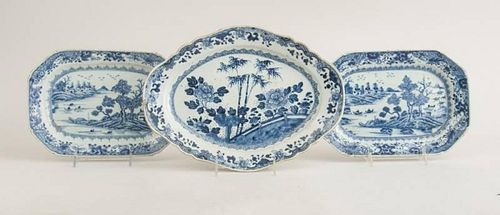 PAIR OF CHINESE BLUE AND WHITE PORCELAIN SMALL CHAMFERED RECTANGULAR PLATTERS AND AN OBLONG PLATTER