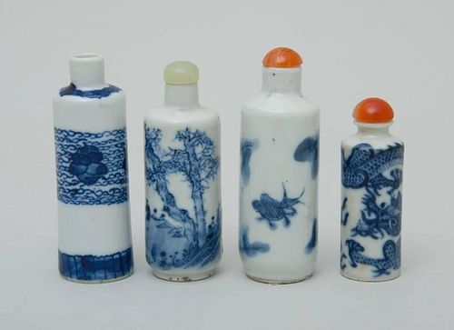 FOUR CHINESE BLUE AND WHITE PORCELAIN SCENT BOTTLES