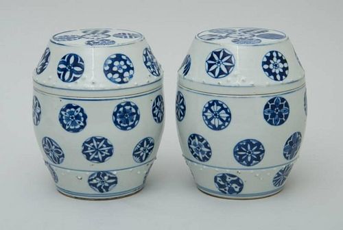 PAIR OF CHINESE BLUE AND WHITE PORCELAIN BARREL-FROM JARS AND COVERS