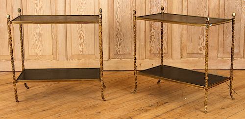 PAIR BRONZE LEATHER TOP SIDE TABLES BY BAGUES
