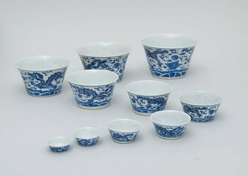 NEST OF TEN CHINESE BLUE AND WHITE PORCELAIN BOWLS