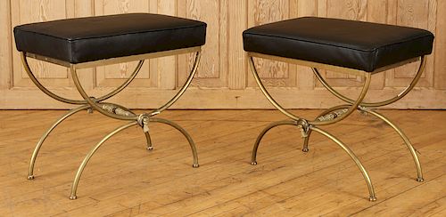 PAIR BRASS CURULE FORM BENCHES LEATHER TOP C.1950