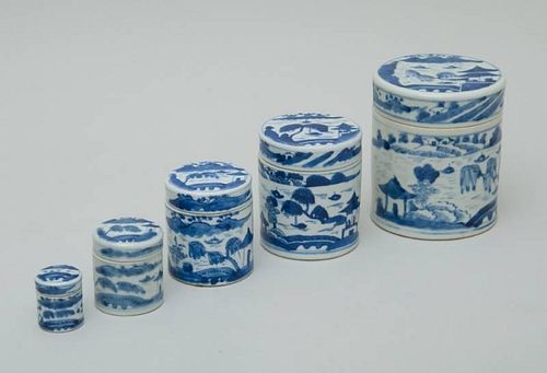 NEST OF FIVE CANTON BLUE AND WHITE PORCELAIN WILLOW PATTERN CYLINDRICAL JARS AND COVERS