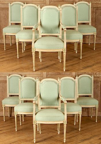 SET 10 LOUIS XVI CARVED PAINTED DINING CHAIRS
