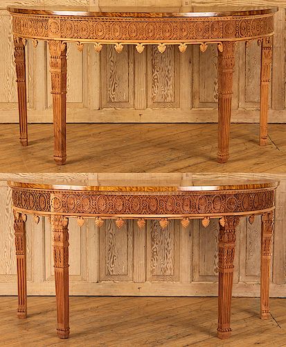 PAIR SHERATON STYLE DEMI LUNE CONSOLE TABLES