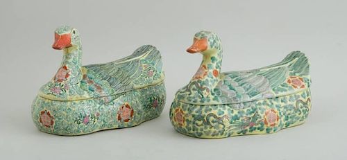 ASSEMBLED PAIR OF CHINESE YELLOW-GROUND FAMILLE ROSE PORCELAIN DUCK TUREENS AND COVERS