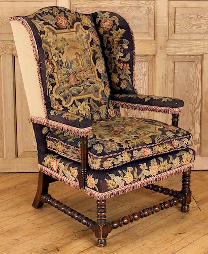 CONTINENTAL NEEDLEPOINT PETIT POINT WING CHAIR