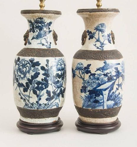 PAIR OF CHINESE CRACKLE GLAZED PORCELAIN LAMPS