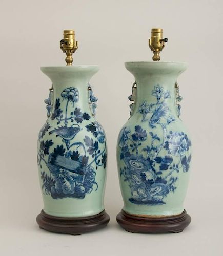 TWO SIMILAR MODERN CHINESE PORCELAIN CELADON-GROUND BALUSTER-FORM VASES, MOUNTED AS LAMPS