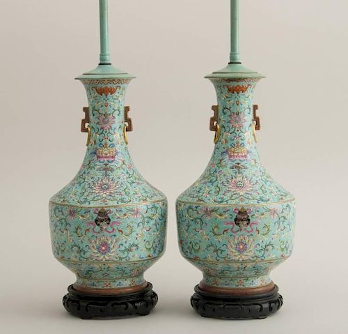 PAIR OF CHINESE TURQUOISE-GROUND PORCELAIN VASES, MOUNTED AS LAMPS