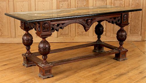 UNUSUAL FRENCH WALNUT TABLE BASE INLAID MARBLE