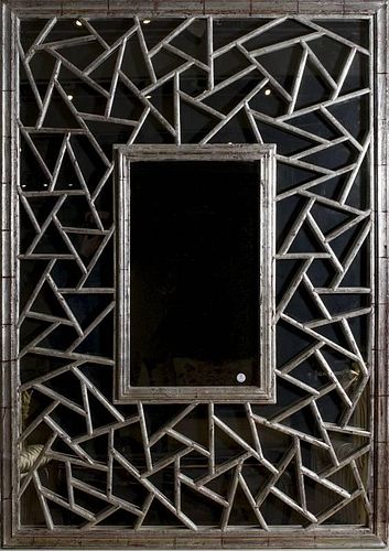 LARGE CHINESE SILVERED WOOD MIRROR