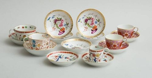 ASSEMBLED GROUP OF THREE ENGLISH PORCELAIN CUPS AND FOUR SAUCERS