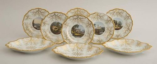 SET OF SIX FLIGHT, BARR & BARR WORCESTER PORCELAIN TOPOGRAPHICAL PLATES AND THREE MATCHING NON-SCENIC CAKE PLATES