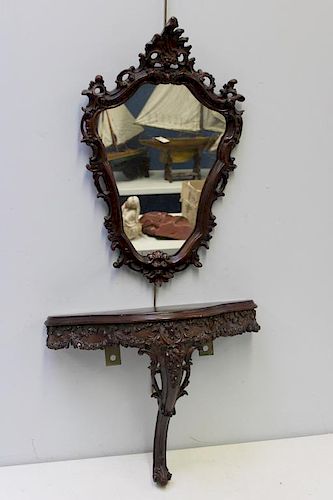 Finely Carved Mahogany Console and Mirror.
