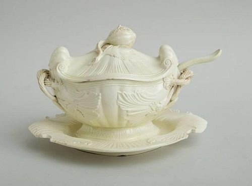 ENGLISH ROCOCO CREAMWARE SAUCE TUREEN, COVER AND STAND WITH ASSOCIATED LADLE