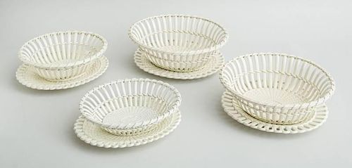 TWO ASSEMBLED PAIRS OF ENGLISH CREAMWARE RETICULATED BASKET-FORM BOWLS AND STANDS