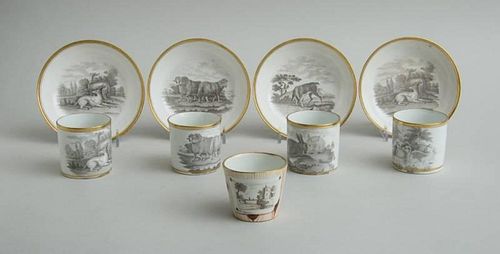 SET OF FOUR ENGLISH GRISAILLE TRANSFER-PRINTED CUPS AND SAUCERS