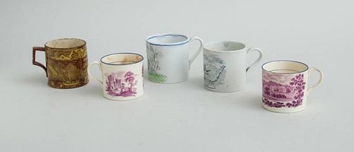 GROUP OF FIVE STAFFORDSHIRE TRANSFER-PRINTED CHILD'S MUGS