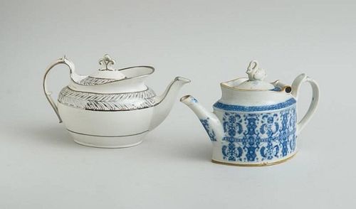 ENGLISH BLUE TRANSFER-PRINTED TEAPOT AND A SILVER LUSTREWARE TEAPOT