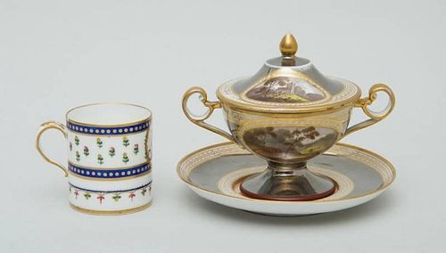 ENGLISH SILVER LUSTREWARE SCENIC TWO-HANDLED CUP, COVER AND STAND AND A SÈVRES PORCELAIN CAN