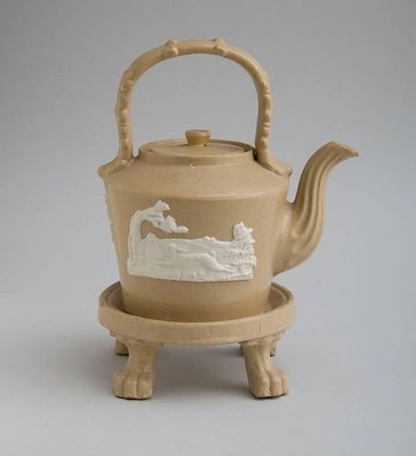 ENGLISH FAWN-GROUND POTTERY TEAPOT AND A STAND